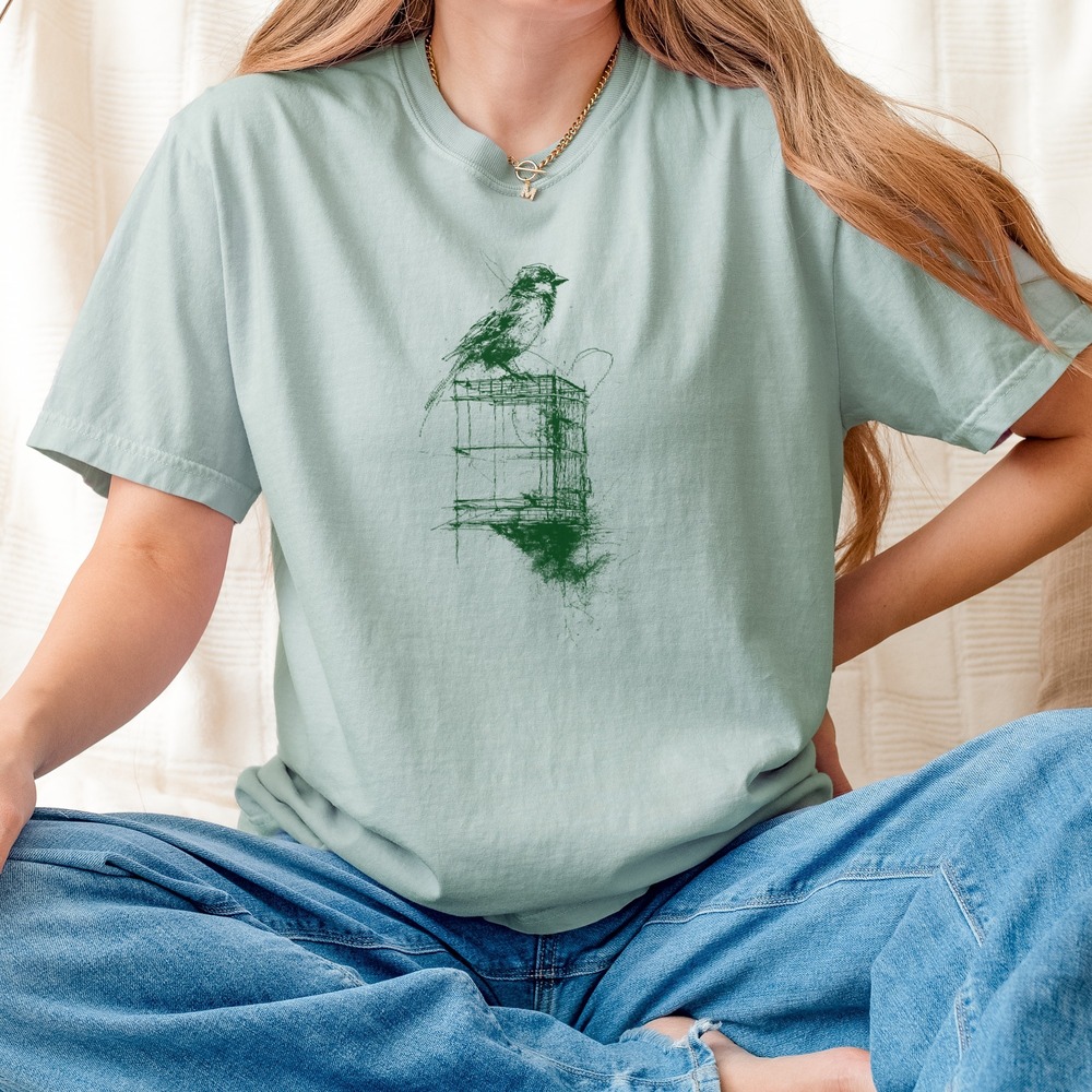 Bird on Birdcage Ink Sketch Graphic Tee Artistic Design